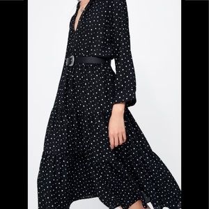 🤍 Zara Black with White Polka Dot Tiered MIDI Dress sz Large